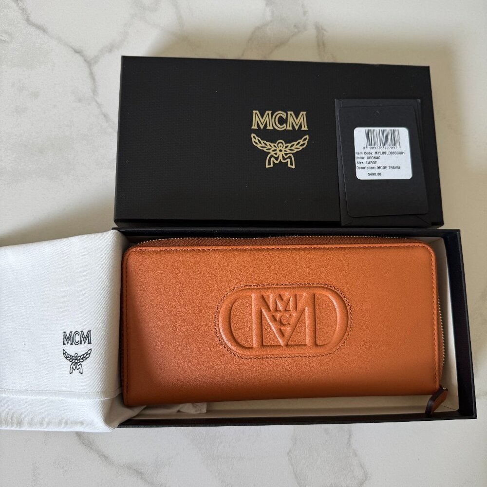 NIB MCM Mode Travia Nappa Leather Zip Wallet - Cognac